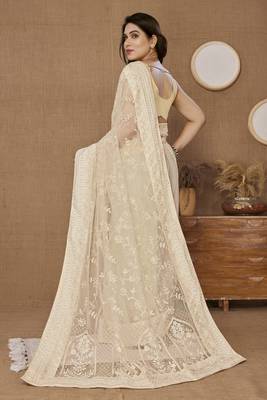 Beige ly Resham Embroidered Soft Net Partywear Girlish Saree 2