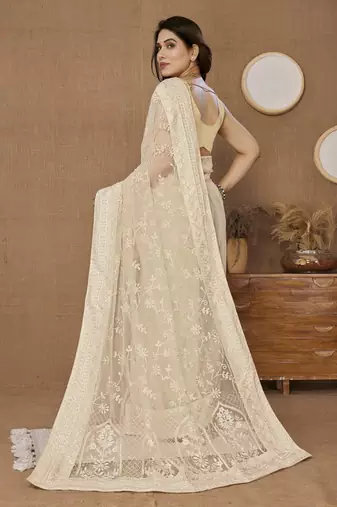 Beige ly Resham Embroidered Soft Net Partywear Girlish Saree