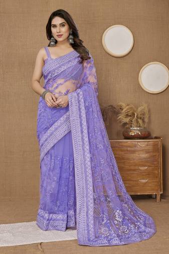 Voilet ly Resham Embroidered Soft Net Partywear Girlish Saree