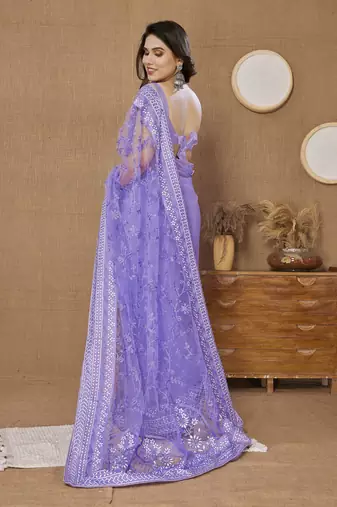 Voilet ly Resham Embroidered Soft Net Partywear Girlish Saree