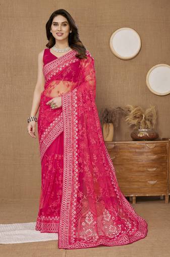 Pink ly Resham Embroidered Soft Net Partywear Girlish Saree