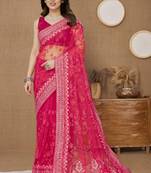 Pink ly Resham Embroidered Soft Net Partywear Girlish Saree