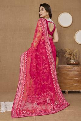 Pink ly Resham Embroidered Soft Net Partywear Girlish Saree 2