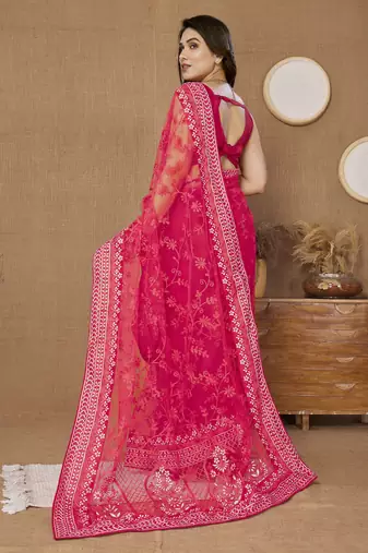 Pink ly Resham Embroidered Soft Net Partywear Girlish Saree