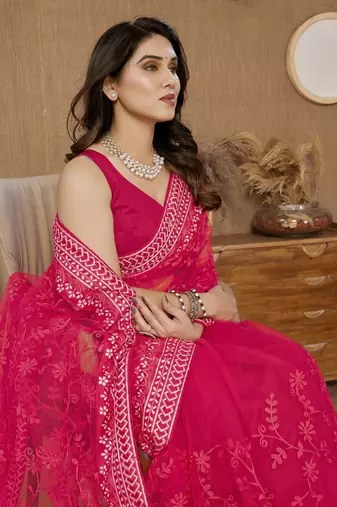 Pink ly Resham Embroidered Soft Net Partywear Girlish Saree