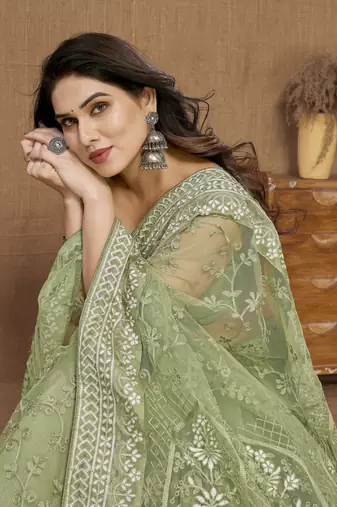 Pista ly Resham Embroidered Soft Net Partywear Girlish Saree