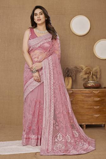 Pink ly Resham Embroidered Soft Net Partywear Girlish Saree