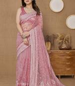 Pink ly Resham Embroidered Soft Net Partywear Girlish Saree