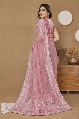 Pink ly Resham Embroidered Soft Net Partywear Girlish Saree