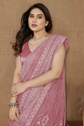 Pink ly Resham Embroidered Soft Net Partywear Girlish Saree