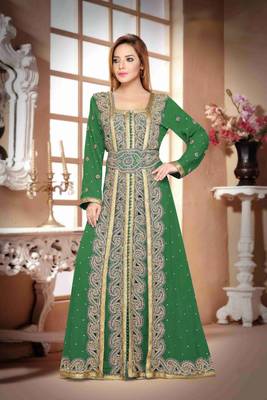 Dark-Green color Handmade Moroccan Kaftan with hijjab 1
