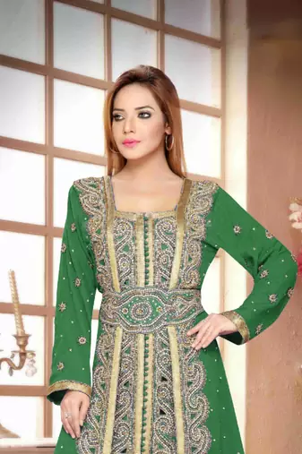 Dark-Green color Handmade Moroccan Kaftan with hijjab