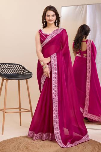 Burgundy Designer Embroidery Work Saree On Jimmy Chau Silk c
