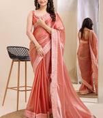 Salmon Designer Embroidery Work Saree On Jimmy Chau Silk c