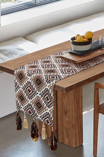 Mezposh tribal beige, brown & multi ikat cotton jacquard table runner (6 seater)