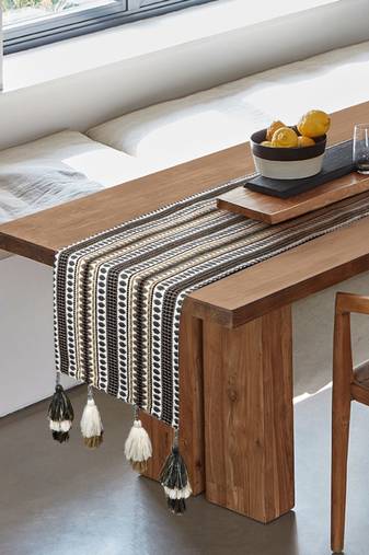 Mezposh stave grey, white & multi striped  cotton acrylic table runner (6 seater)