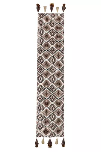 Mezposh tribal beige, brown & multi ikat cotton jacquard table runner (6 seater)