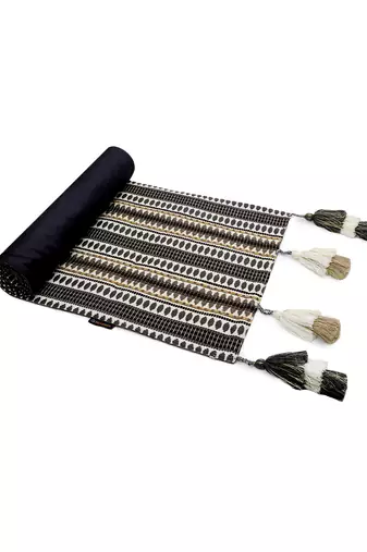 Mezposh stave grey, white & multi striped  cotton acrylic table runner (6 seater)