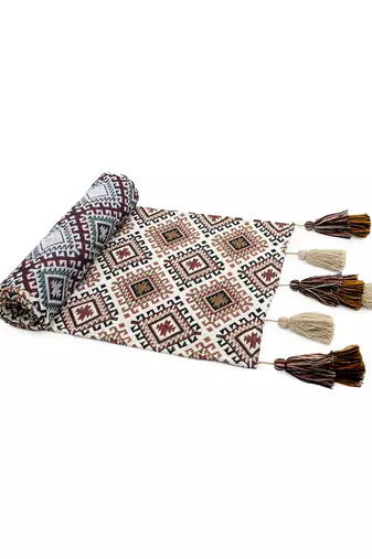 Mezposh tribal beige, brown & multi ikat cotton jacquard table runner (6 seater)