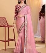 Pink Plain Organza Saree With Border And Heavy Blouse