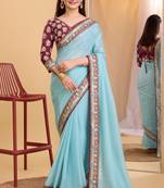 Sky Blue Plain Organza Saree With Border And Heavy Blouse