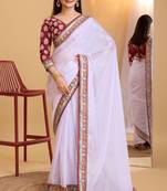 White Plain Organza Saree With Border And Heavy Blouse