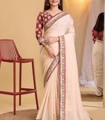 Peach Plain Organza Saree With Border And Heavy Blouse