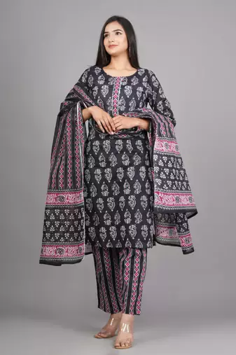 black cotton kurti pant duppata set