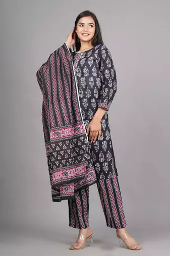 black cotton kurti pant duppata set