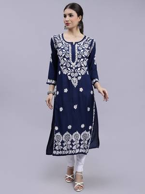 hand embroidered navy blue modal lucknowi chikan kurta 1