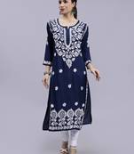 hand embroidered navy blue modal lucknowi chikan kurta