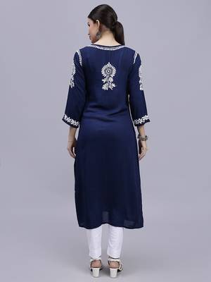 hand embroidered navy blue modal lucknowi chikan kurta 2
