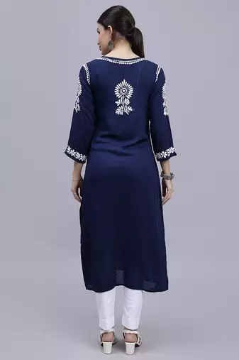 hand embroidered navy blue modal lucknowi chikan kurta