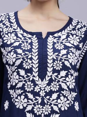 hand embroidered navy blue modal lucknowi chikan kurta 4