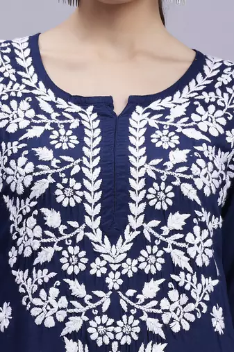hand embroidered navy blue modal lucknowi chikan kurta