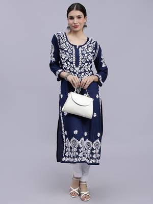 hand embroidered navy blue modal lucknowi chikan kurta 5