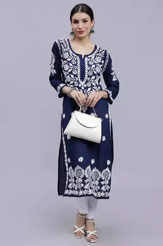 hand embroidered navy blue modal lucknowi chikan kurta
