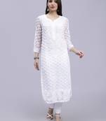 hand embroidered white georgette lucknowi chikan kurta with slip