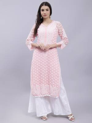hand embroidered peach georgette lucknowi chikan kurta with slip 1