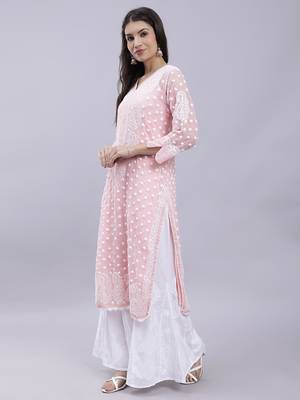 hand embroidered peach georgette lucknowi chikan kurta with slip 2