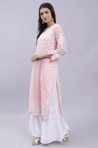 hand embroidered peach georgette lucknowi chikan kurta with slip