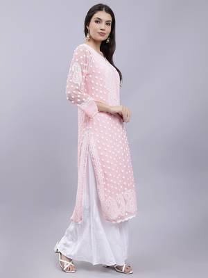 hand embroidered peach georgette lucknowi chikan kurta with slip 3