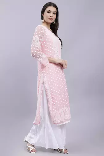 hand embroidered peach georgette lucknowi chikan kurta with slip