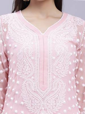 hand embroidered peach georgette lucknowi chikan kurta with slip 4