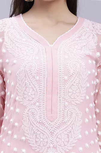 hand embroidered peach georgette lucknowi chikan kurta with slip