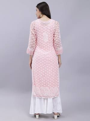 hand embroidered peach georgette lucknowi chikan kurta with slip 5