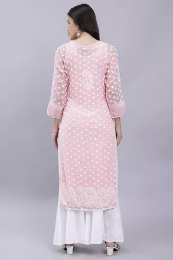 hand embroidered peach georgette lucknowi chikan kurta with slip