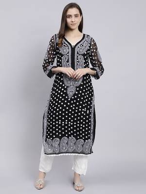 hand embroidered black georgette lucknowi chikan kurta with slip 1