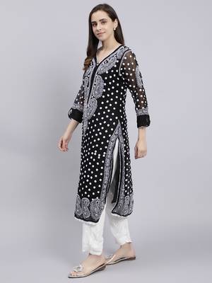 hand embroidered black georgette lucknowi chikan kurta with slip 2
