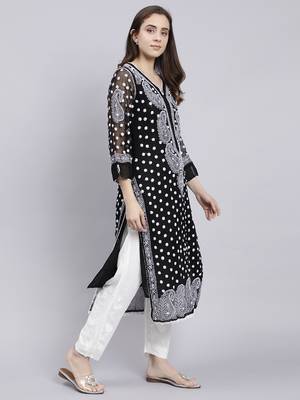hand embroidered black georgette lucknowi chikan kurta with slip 3